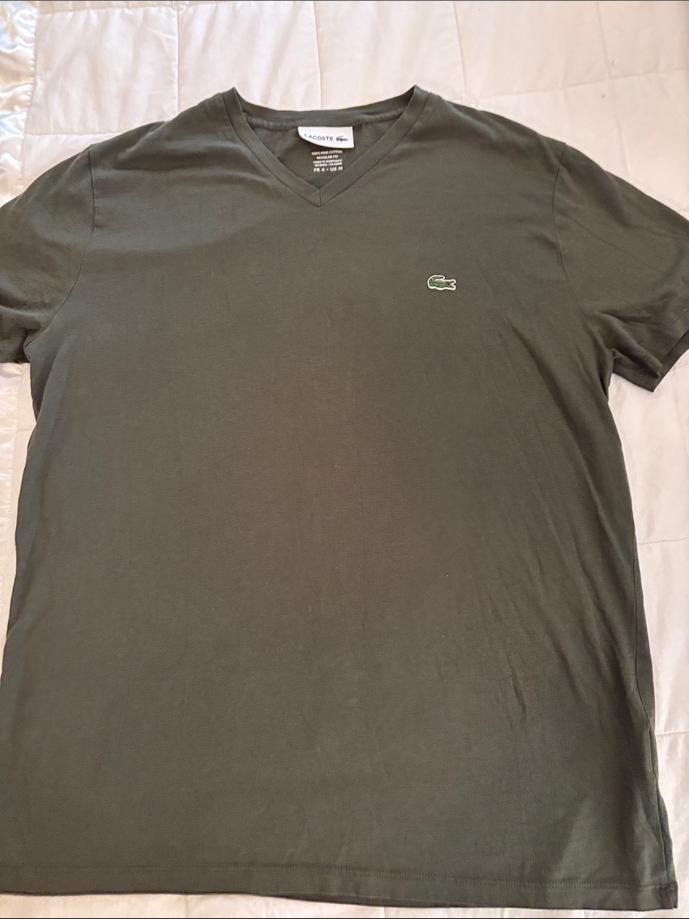 Lacoste V-Neck Tee in Olive Green with Embroidered Croc NWOT